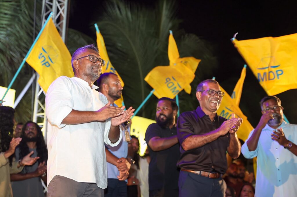 Mohamed Nasheed celebrates his election victory as MDP Chairperson, 12 June 2026