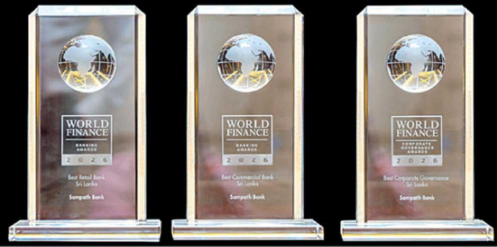 Sampath Bank honoured with three banking accolades at World Finance